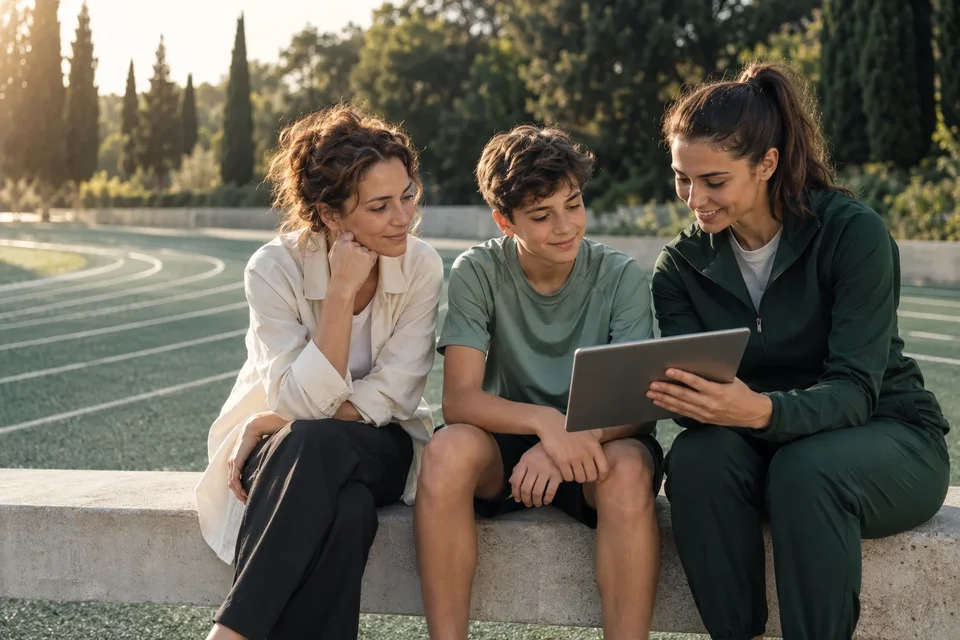 Bir anne, çocuk ve eğitmenin birlikte tablet üzerinden spor seçimini konuşmasını anlatan temsili görsel